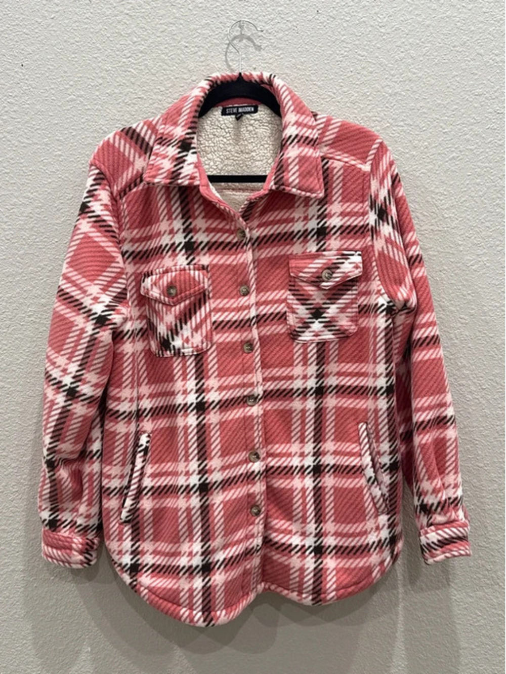 Steve Madden Pink Plaid Sherpa Lined Shacket Large